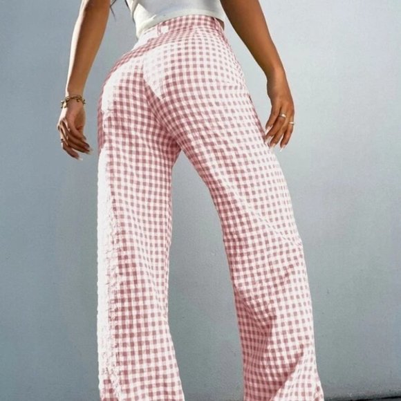 Gingham Print Wide Leg high waist Pants pink - Picture 6 of 6